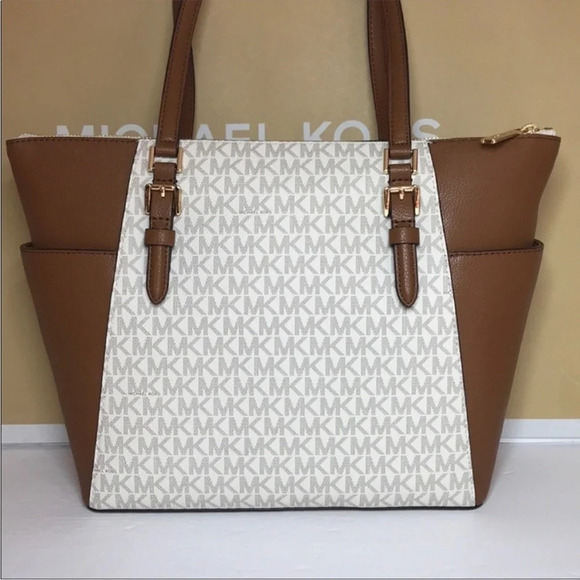 Michael Kors Charlotte LG TZ Tote Vanilla/ Brown Leather - Picture 6 of 9